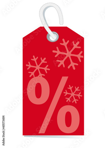 sales label with percentage sign and snow in deep red