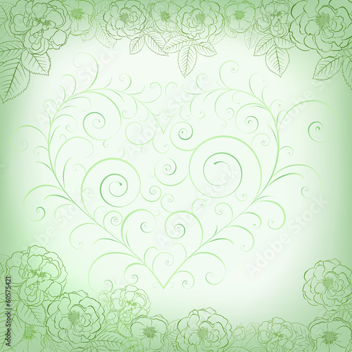 Background with roses and heart in green colors