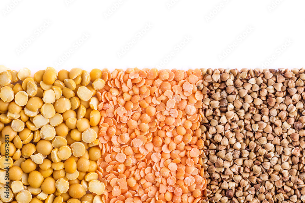 Shredded peas, lentils and buckwheat on white Shredded peas, lentils and buckwheat on white