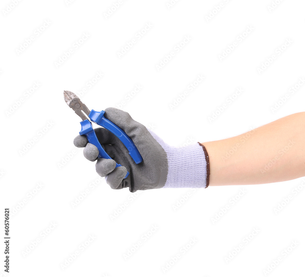Hand in gloves holding pliers. Hand in gloves holding pliers.