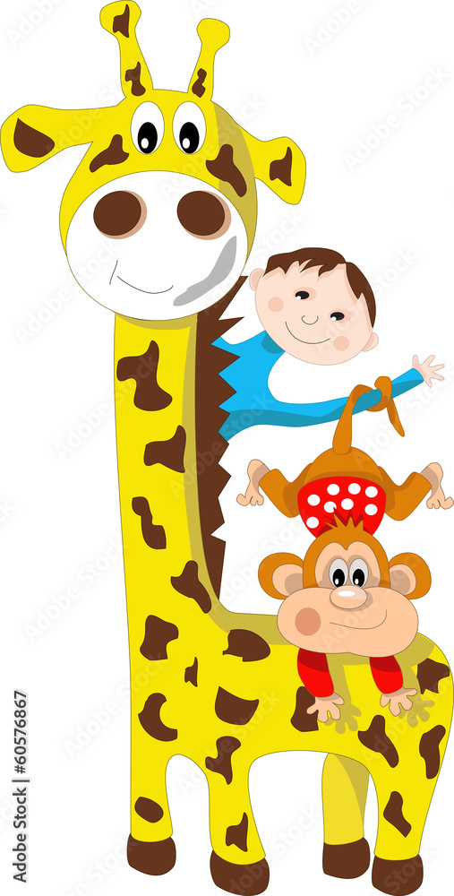 Giraffe, monkey and boy - obrazy, fototapety, plakaty 