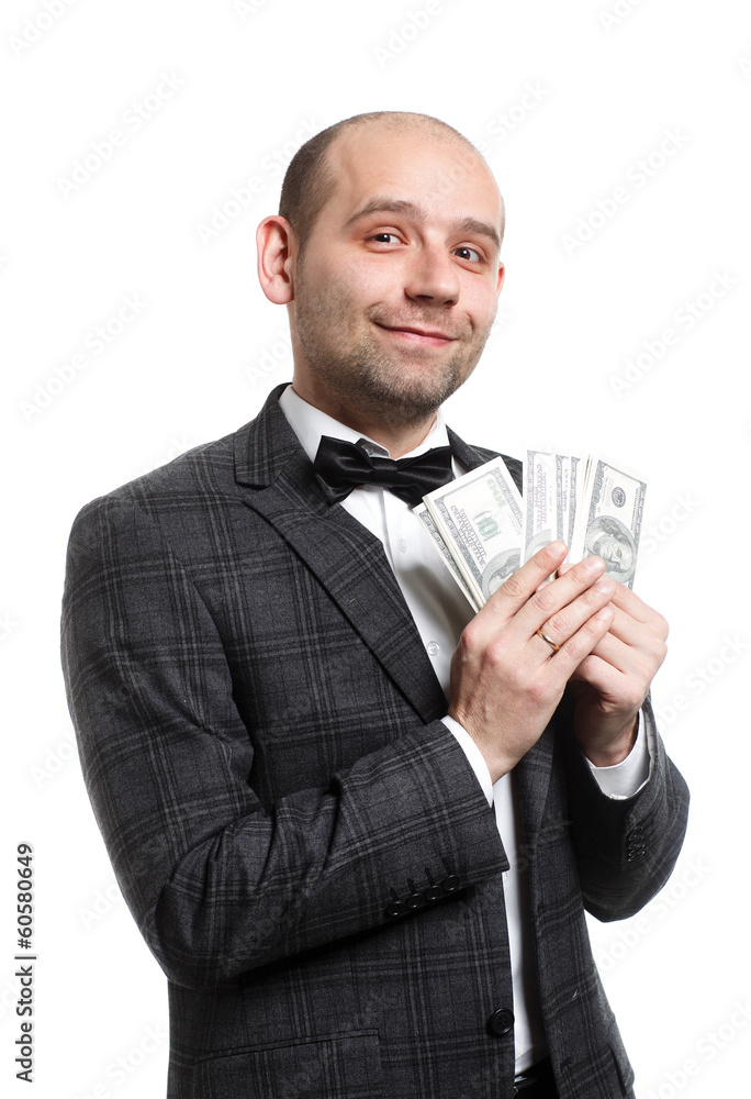 Happy young man, businessman with money in hand. Isolated on whi Happy young man, businessman with money in hand. Isolated on whi