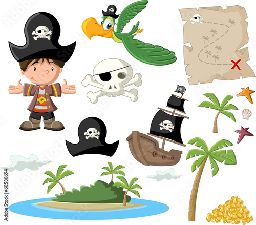Cartoon pirate boy with pirate icon set.