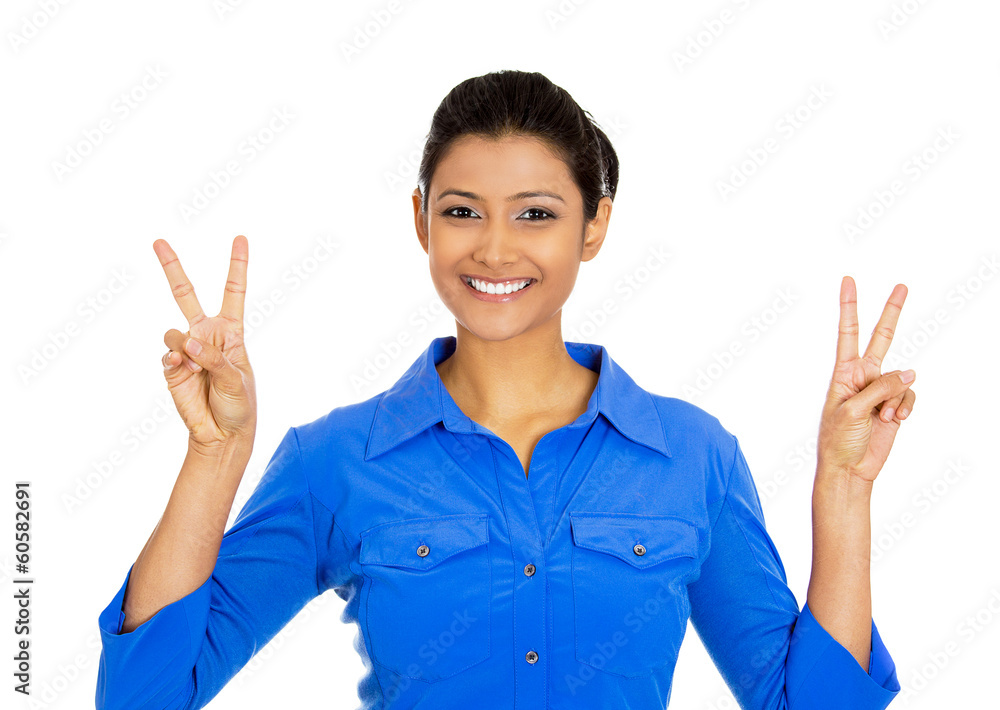 Smiling happy woman peace victory, two sign gesture Smiling happy woman peace victory, two sign gesture