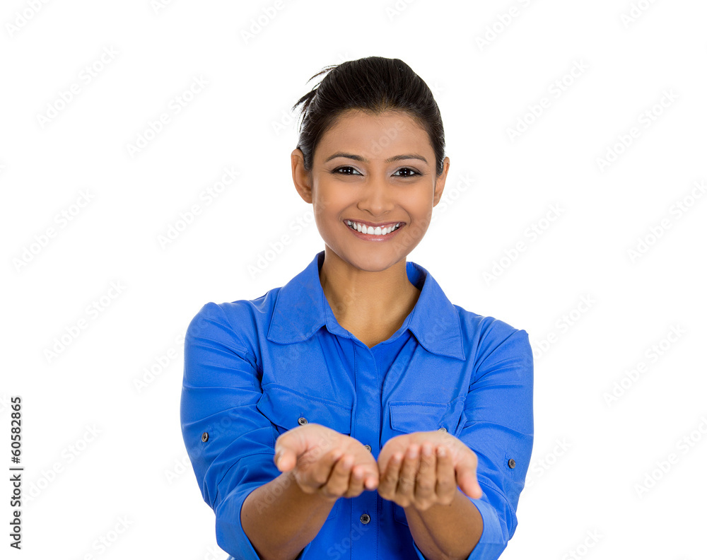smiling woman with raised up palms arms offering something smiling woman with raised up palms arms offering something