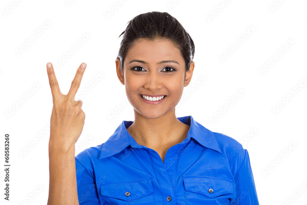 Happy woman giving peace victory, two sign gesture Happy woman giving peace victory, two sign gesture