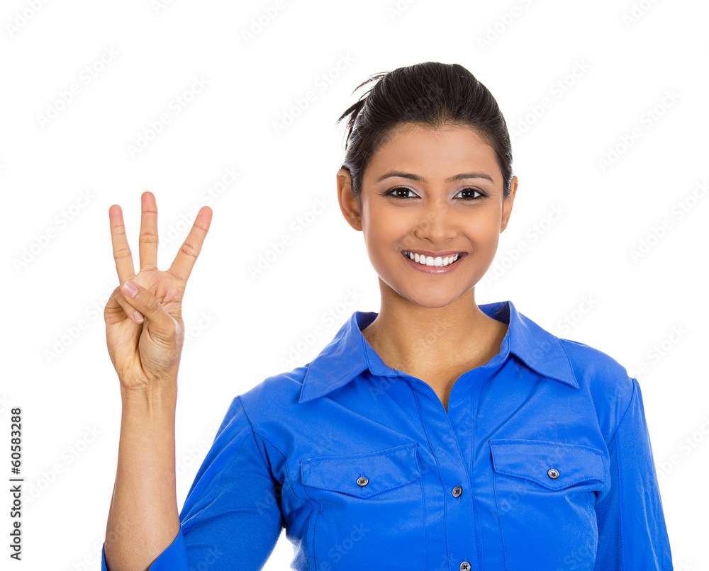 Business woman giving a three fingers sign gesture Business woman giving a three fingers sign gesture