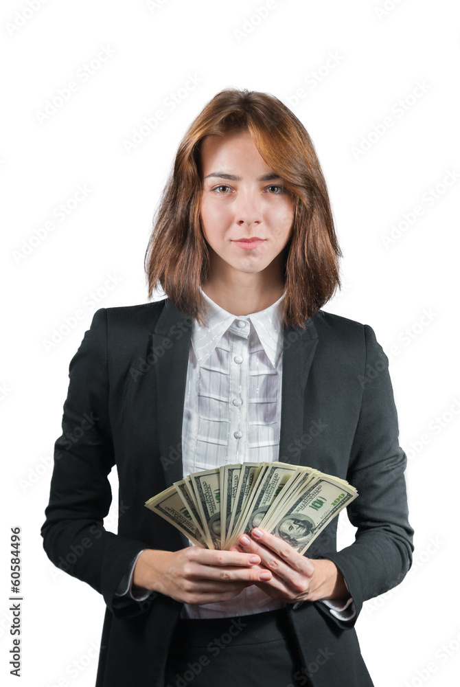 businesswoman with wad of money in her hands businesswoman with wad of money in her hands
