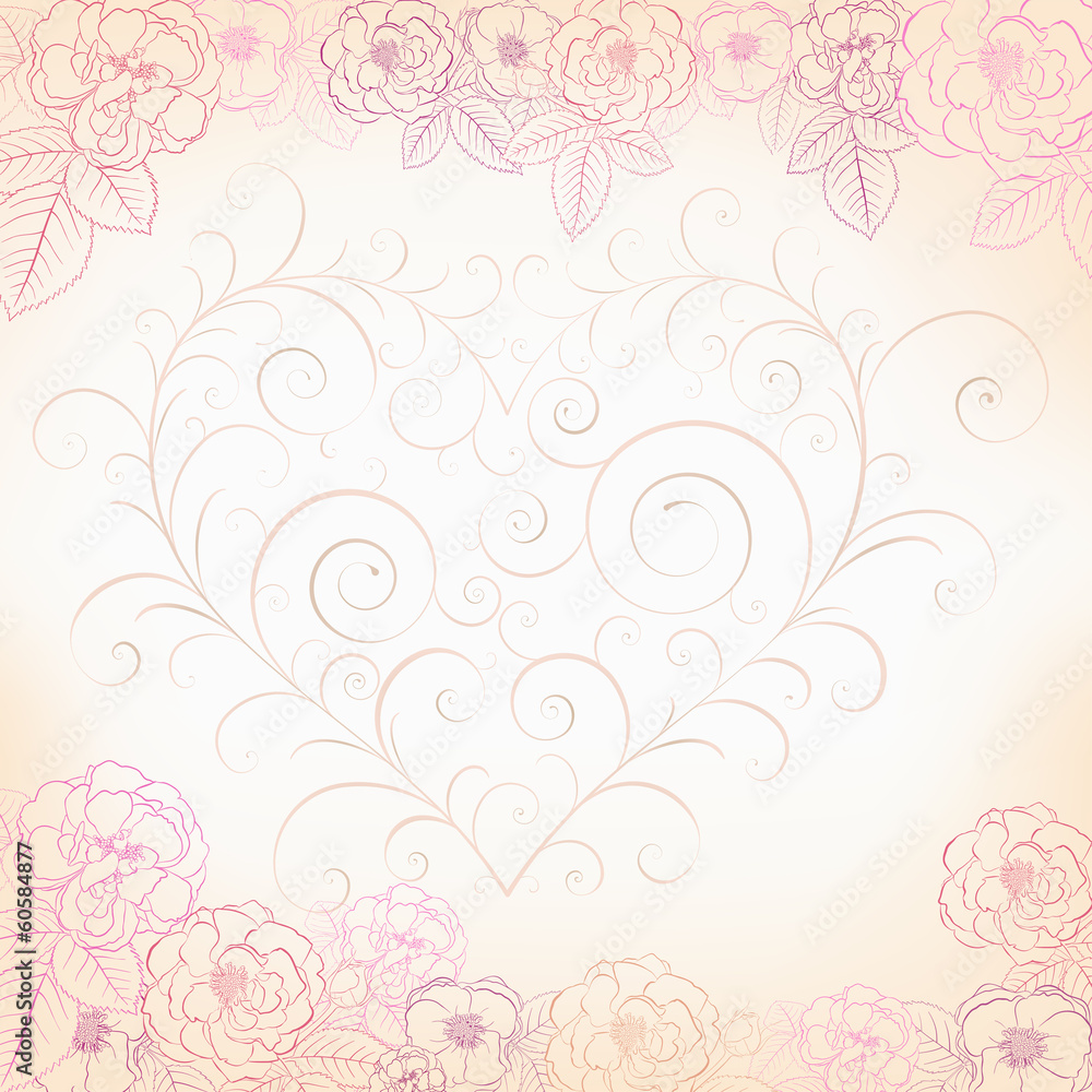 Background with roses and heart in pastel colors