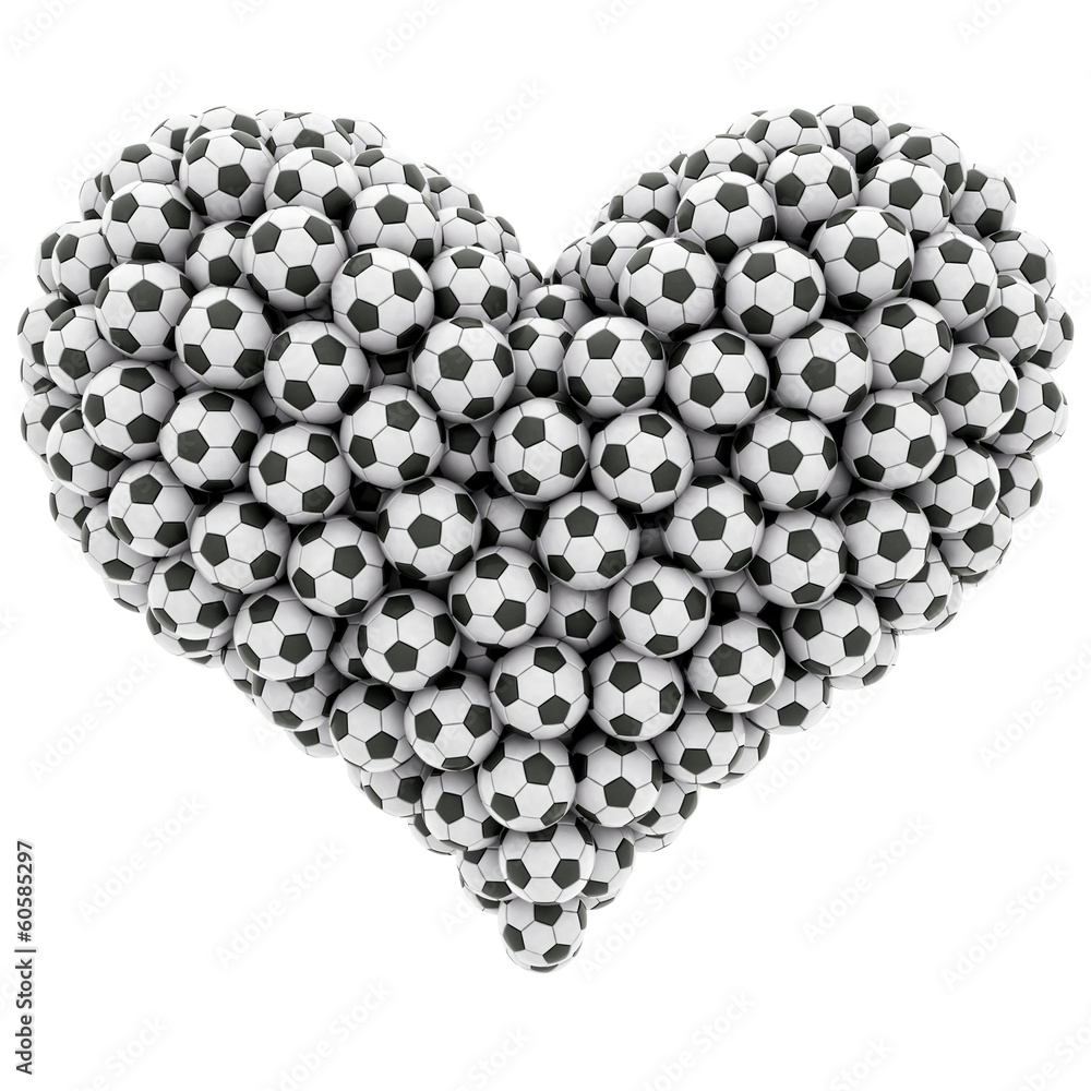 Heart shape composed of many soccer balls isolated on white Heart shape composed of many soccer balls isolated on white