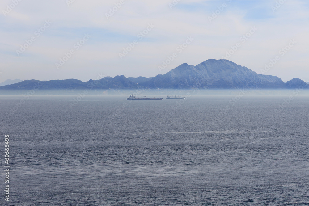 Atlas Mountains and ships in the Straits of Gibraltar