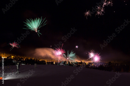 New year fireworks over Bjornrike ski resort, Sweden