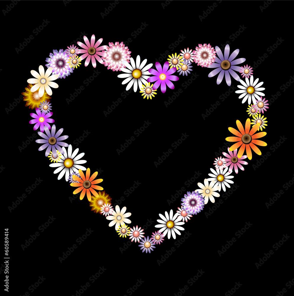 heart of different flowers on a black background heart of different flowers on a black background