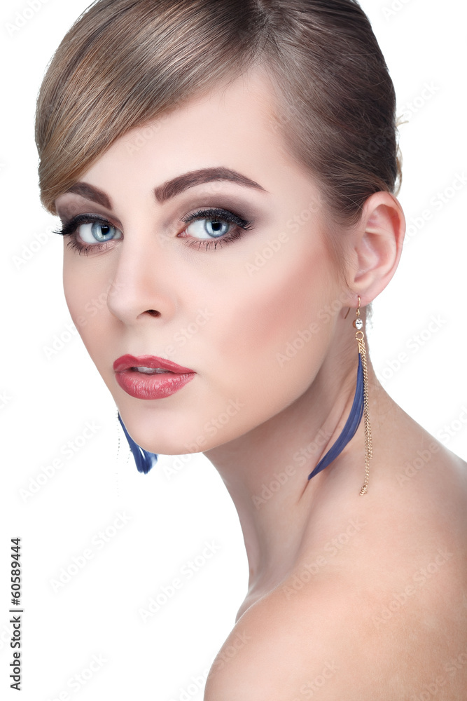 Fototapeta premium whiteheaded young woman with beautiful blue eyes on white 