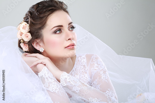 Portrait of beautiful bride. Wedding dress. Wedding decoration