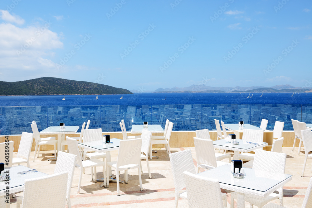 Sea view terrace of luxury hotel, Bodrum, Turkey