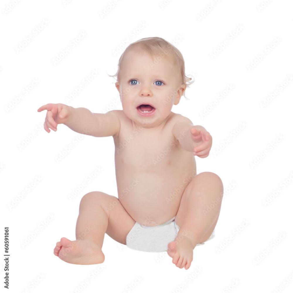 Adorable blond baby in diaper crying sitting on the floor Adorable blond baby in diaper crying sitting on the floor