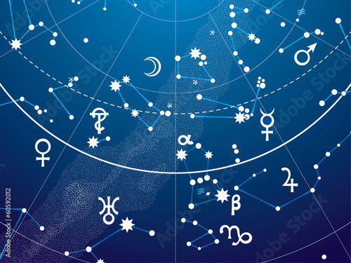 Fragment of Astronomical Celestial Atlas of Night Stars Heaven with Planets (Blueprint version, EPS-8)