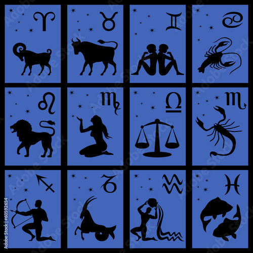 Twelve black silhouettes of Zodiac signs