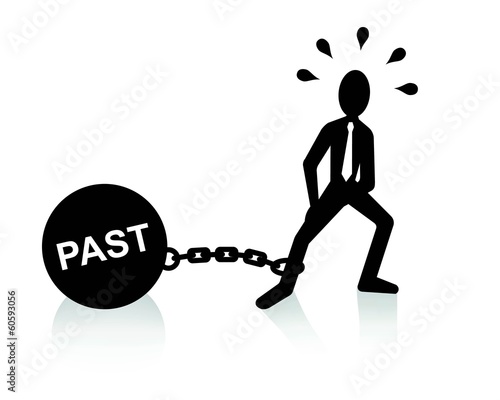 past burden concept, man dragging chains and big ball