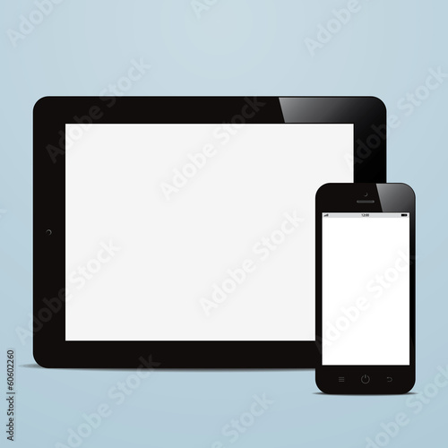 tablet and smartphone with blank screen blue background
