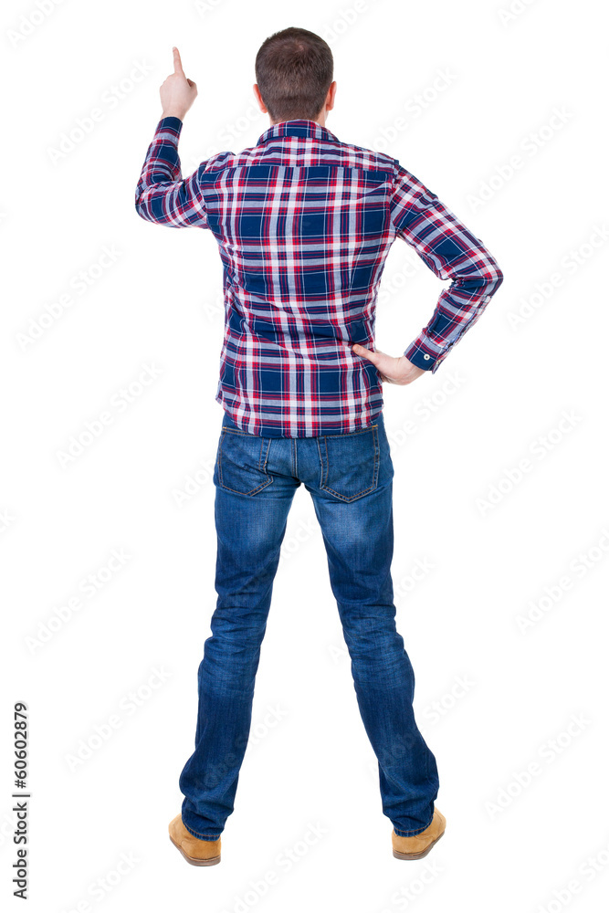 Back view of pointing young men in shirt and jeans Back view of pointing young men in shirt and jeans