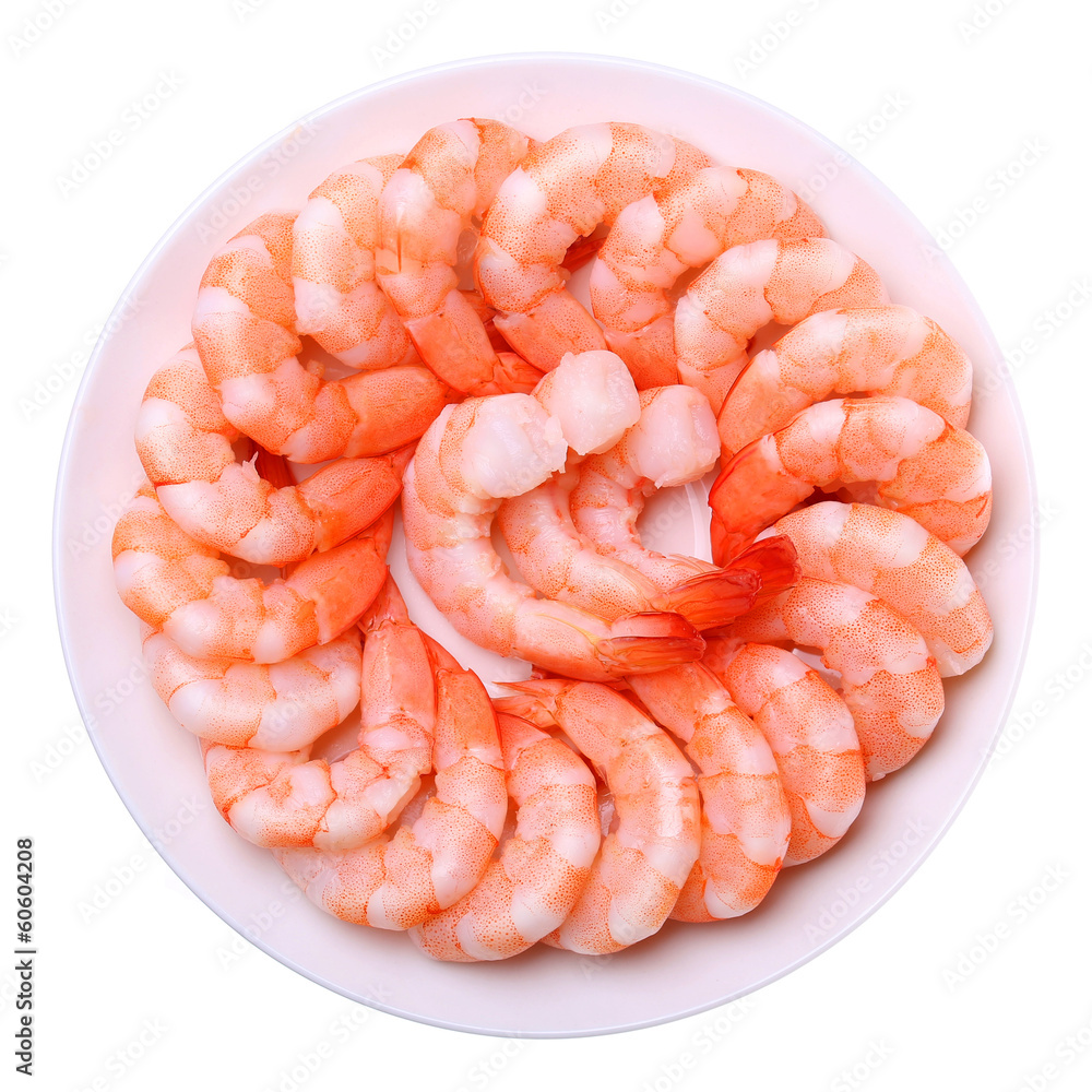Shrimps on plate isolated over white. Prawns. Seafood