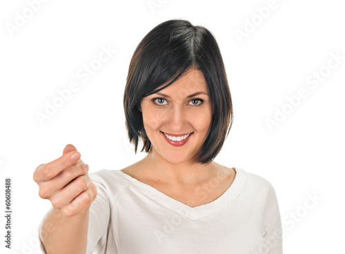 young woman shows sign and symbols on white background