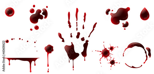 Blood stains on white background, bloody palm print, dripping blood, blood drop splatter, crime scene, horror concept, blood donation, halloween decor elements, vampire bite, murder concept, wound