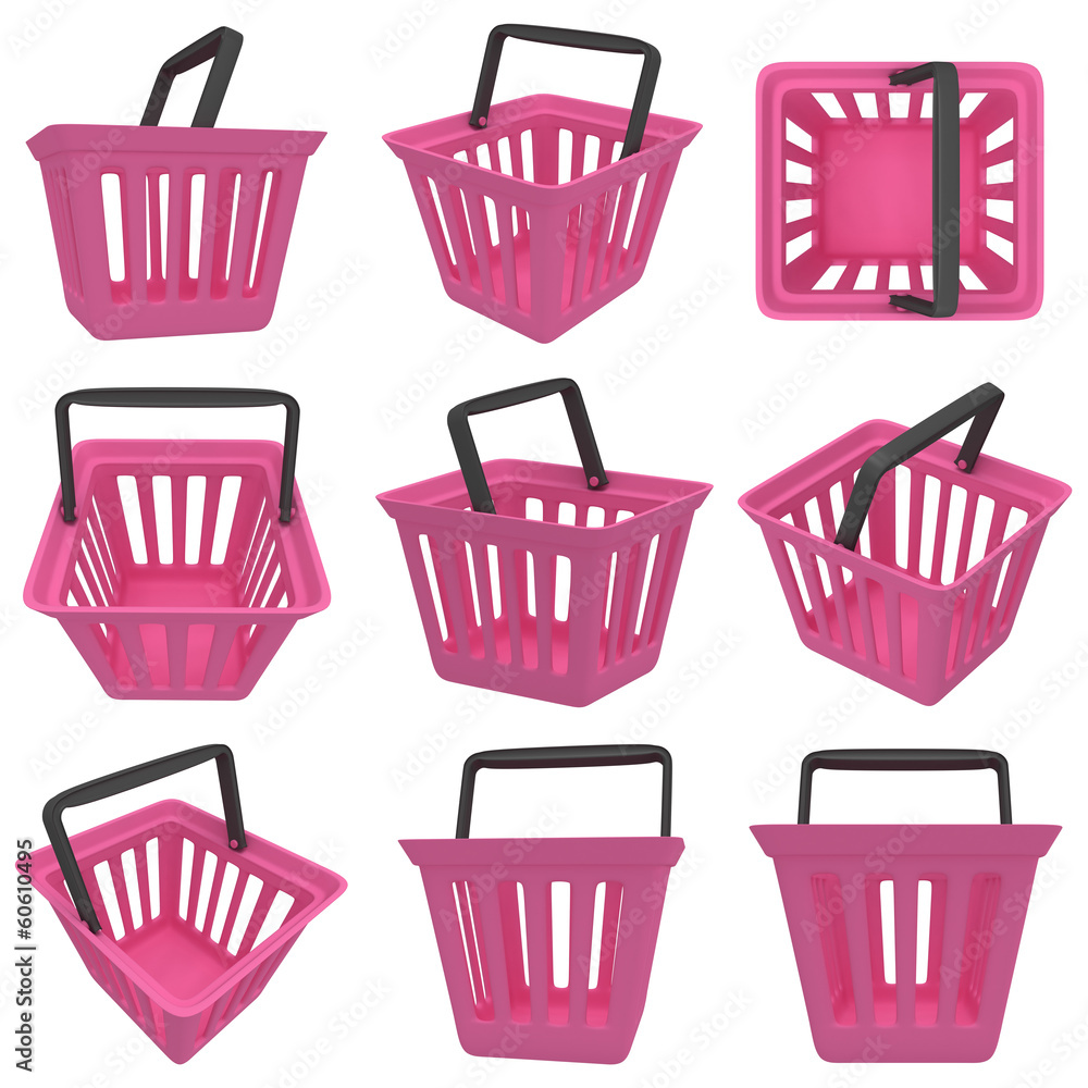 3D rendering of pink shopping basket. Set. 3D rendering of pink shopping basket. Set.