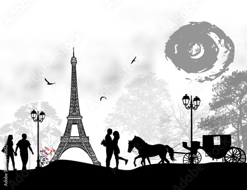 Carriage and lovers in Paris