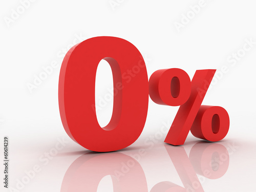 3d rendering of a zero percent discount in red letters on a whit