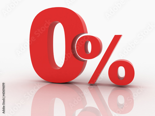 3d rendering of a 0 percent discount in red letters on a white b