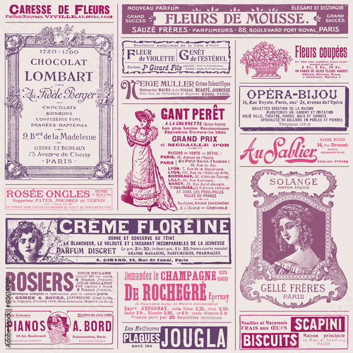 background/pattern made of vintage french ads on ladies' topics