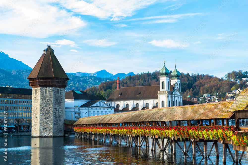 wooden Chapel bridge and old town of Lucerne, Switzerland