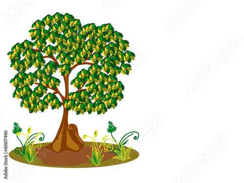 Дерево с желтыми и зелеными листьями.