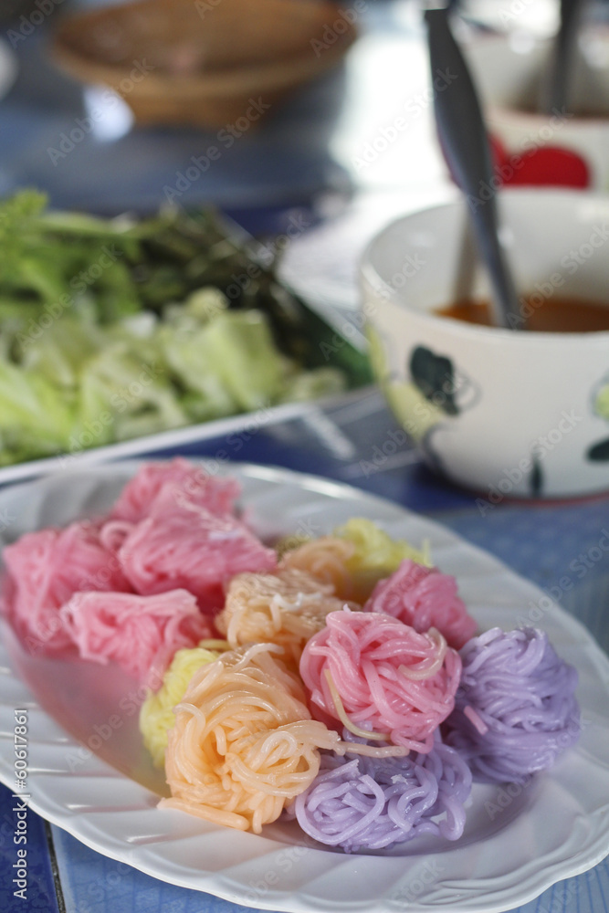 colorful of Thai vermicelli eaten with curry and vegetables,kano colorful of Thai vermicelli eaten with curry and vegetables,kano
