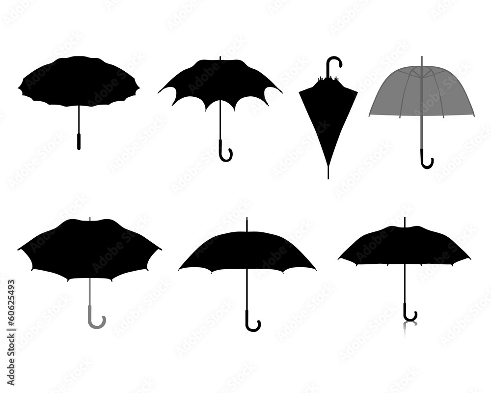 Black silhouettes of umbrellas on white background, vector