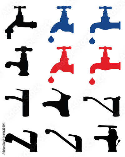 Red, blue and black silhouettes of faucets, vector