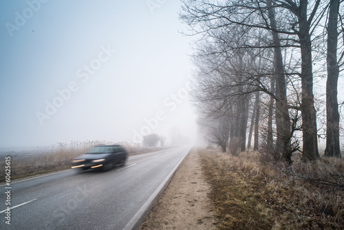 Car on a road in fog