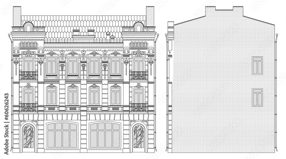 drawing three-storey house in baroque style front and side