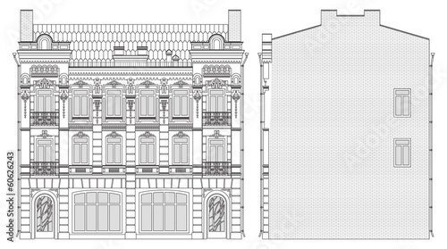 drawing three-storey house in baroque style front and side