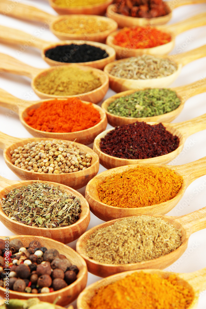 Assortment of spices in wooden spoons