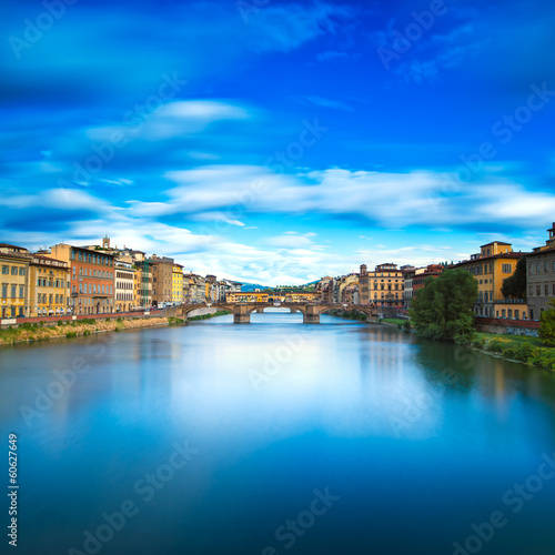 Santa Trinita and Old Bridge on Arno river, sunset landscape. Fl