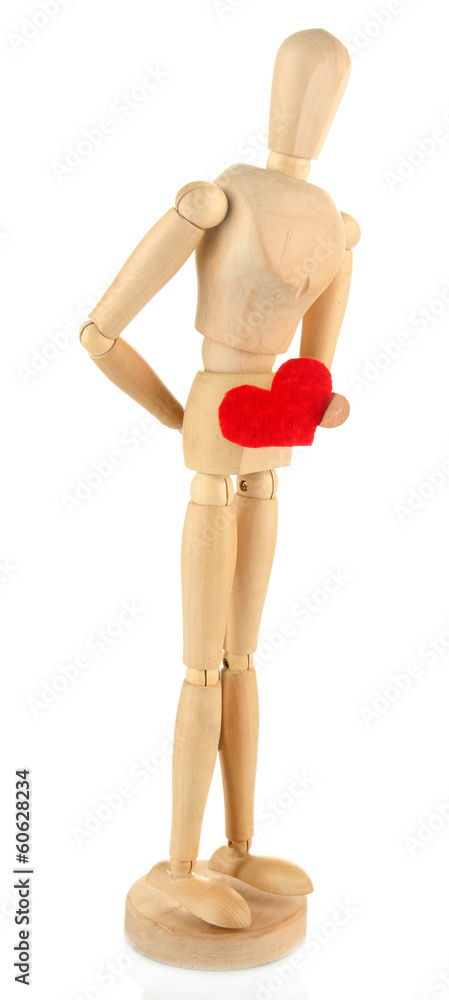 Wooden mannequin holding red heart isolated on white Wooden mannequin holding red heart isolated on white