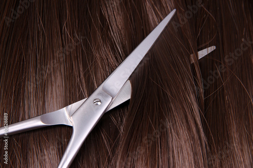 Long brown hair with scissors on close up
