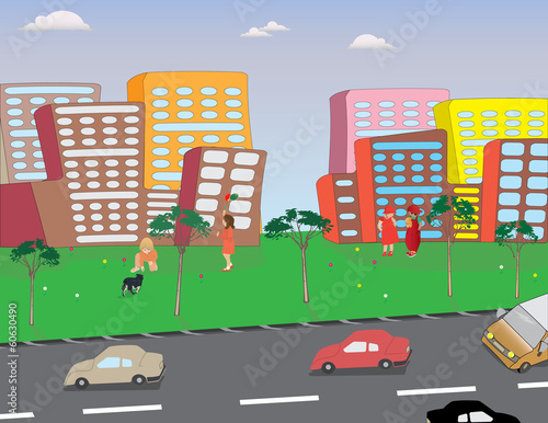 Children play in a city neighborhood