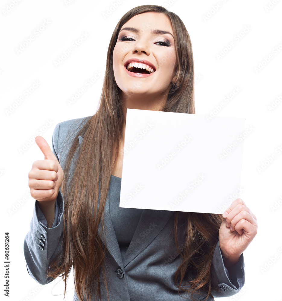Smile Business woman portrait with blank white board on white is Smile Business woman portrait with blank white board on white is