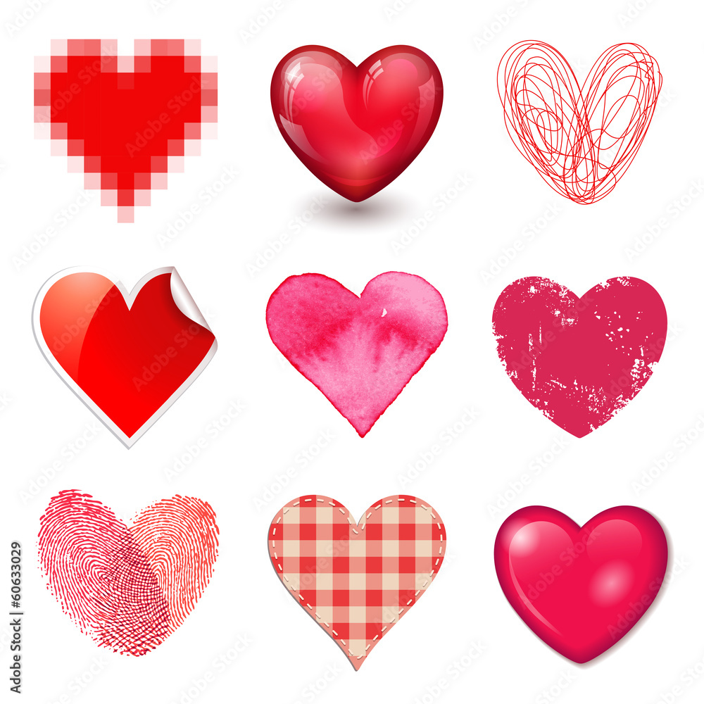 collection of 9 different vector hearts