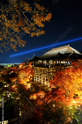 Famous Kiyumizu dera temple illuminated at night (Kyoto, Japan)